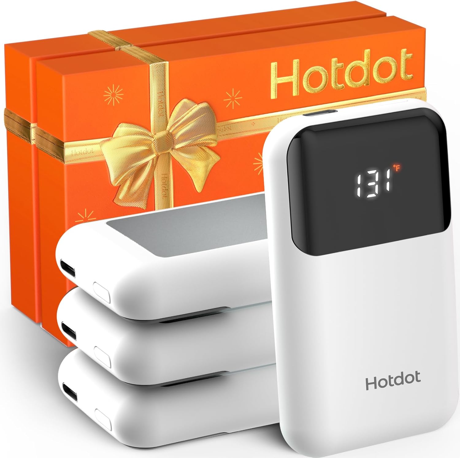 Hotdot Hand Warmers Rechargeable with Gift Box, 4 Pack Electric Hand Warmer with LED Display Battery and Temperature, 4 Heating Levels Portable Hot Hands, for Men, Women, Hunting White