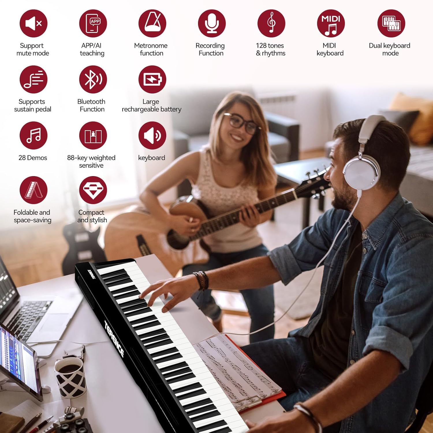 The detachable music stand being placed into its slot on the TERENCE piano keyboard.