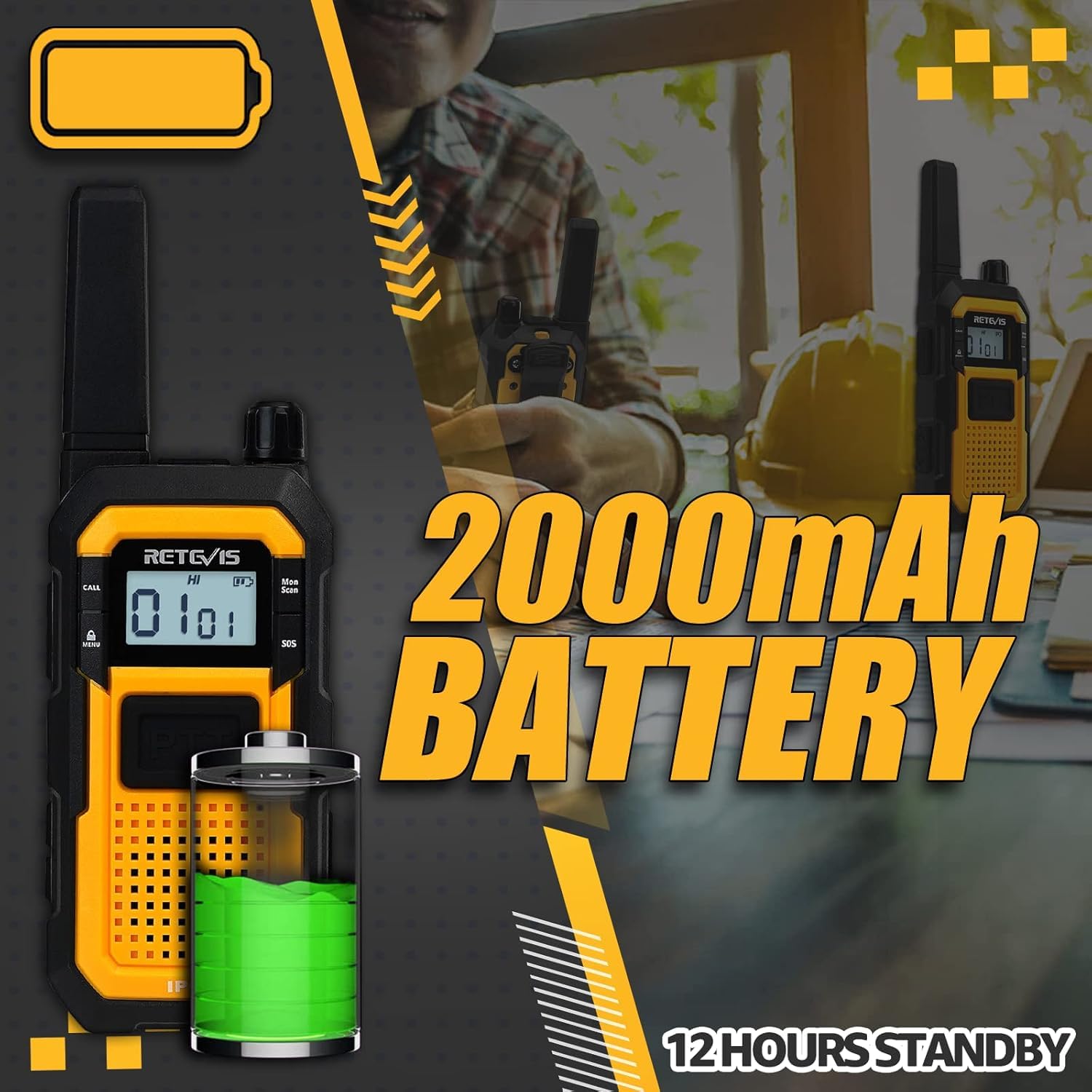 Retevis RB648 Talkie Walkie, Imperméable Radio Bidirectionnelle Longue Portée IP67, Anti-Chute, Anti-poussière, PMR446, Double PTT, 2000mAh, Talkies-Walkies pour Agriculture (2 Pièces, Jaune)