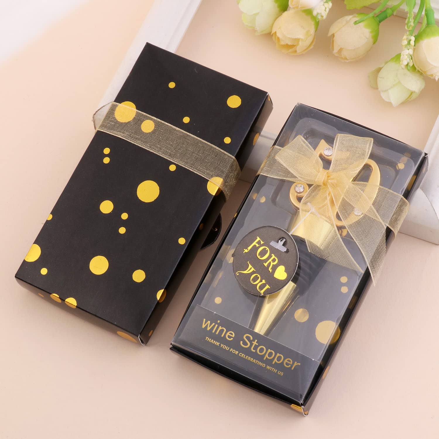 24 Stück Gastgeschenke zum 50. Geburtstag: Weinflaschenstopfen mit Geschenkbox, Herzform, Schwarz und Gold, Glas, für 50. Hochzeit, Party, Gastgeschenk, Souvenir, Dekoration