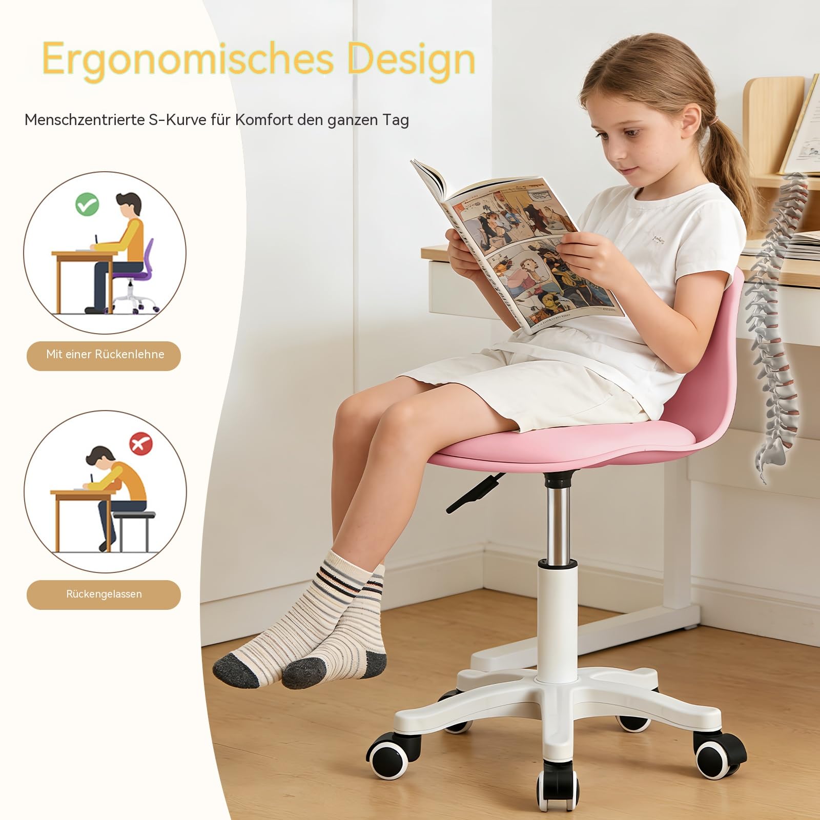 Kleiner Bürostuhl Ohne Armlehnen, Höhenverstellbar, Ideal als Jugendlernstuhl, Schreibtischstuhl mit Rückenlehne für Zuhause