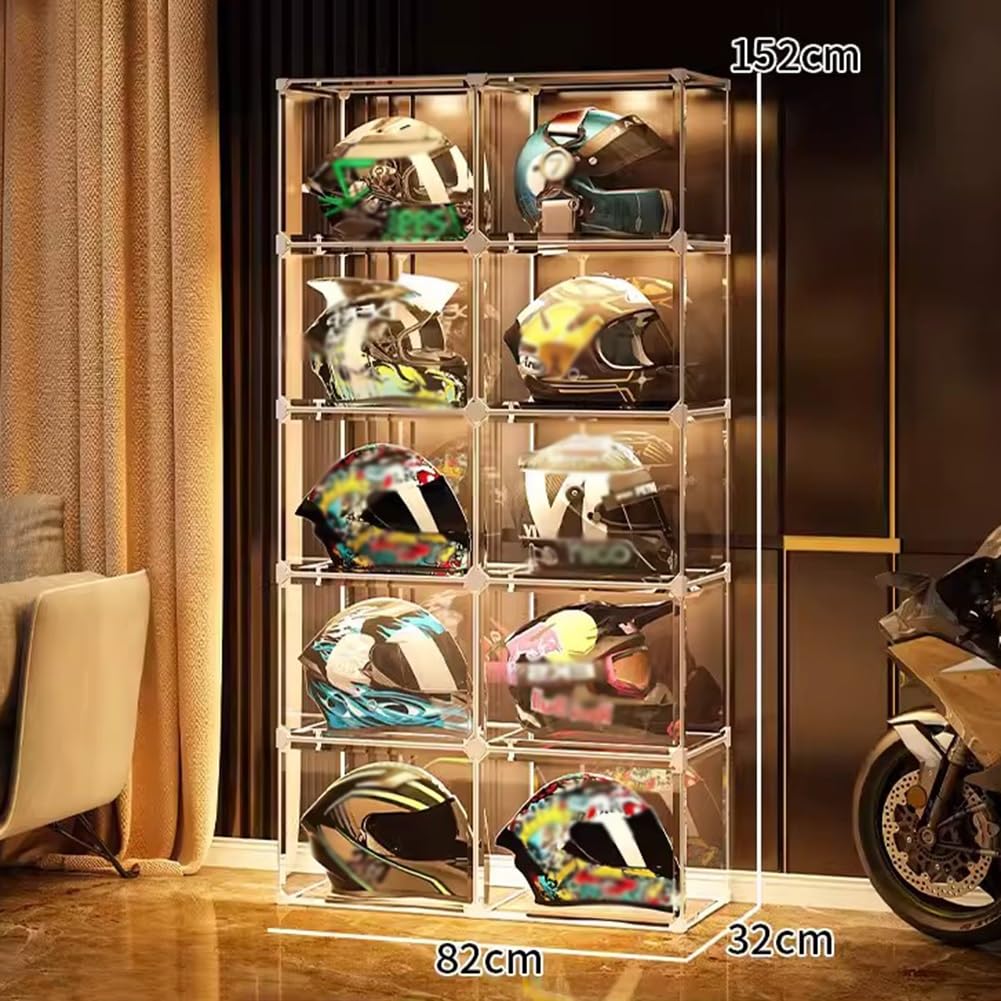 Soporte de exhibición para casco con luz LED, estante de almacenamiento acrílico transparente apilable para cascos de motocicleta, libros y cosméticos