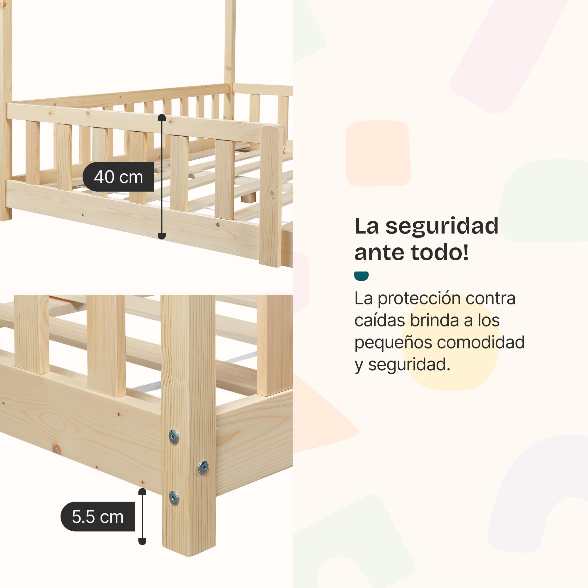 [en.casa] Cama para Niños Hesel Decorativa Cama Infantil Individual con Somier y Barandilla Estructura en Forma de Casa Estilo Montessori Madera de Pino 120 x 200 cm - Efecto Madera