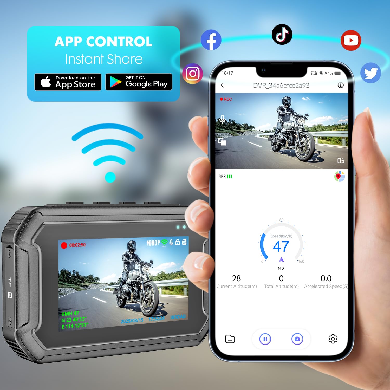 Dash Cam Moto, 1080P WDR Telecamera Anteriore e Posteriore, Dashcam Impermeabile con WiFi, GPS, Modalità Parcheggio, Telecomando Cablato, Schermo da 3", Scheda TF da 64 GB