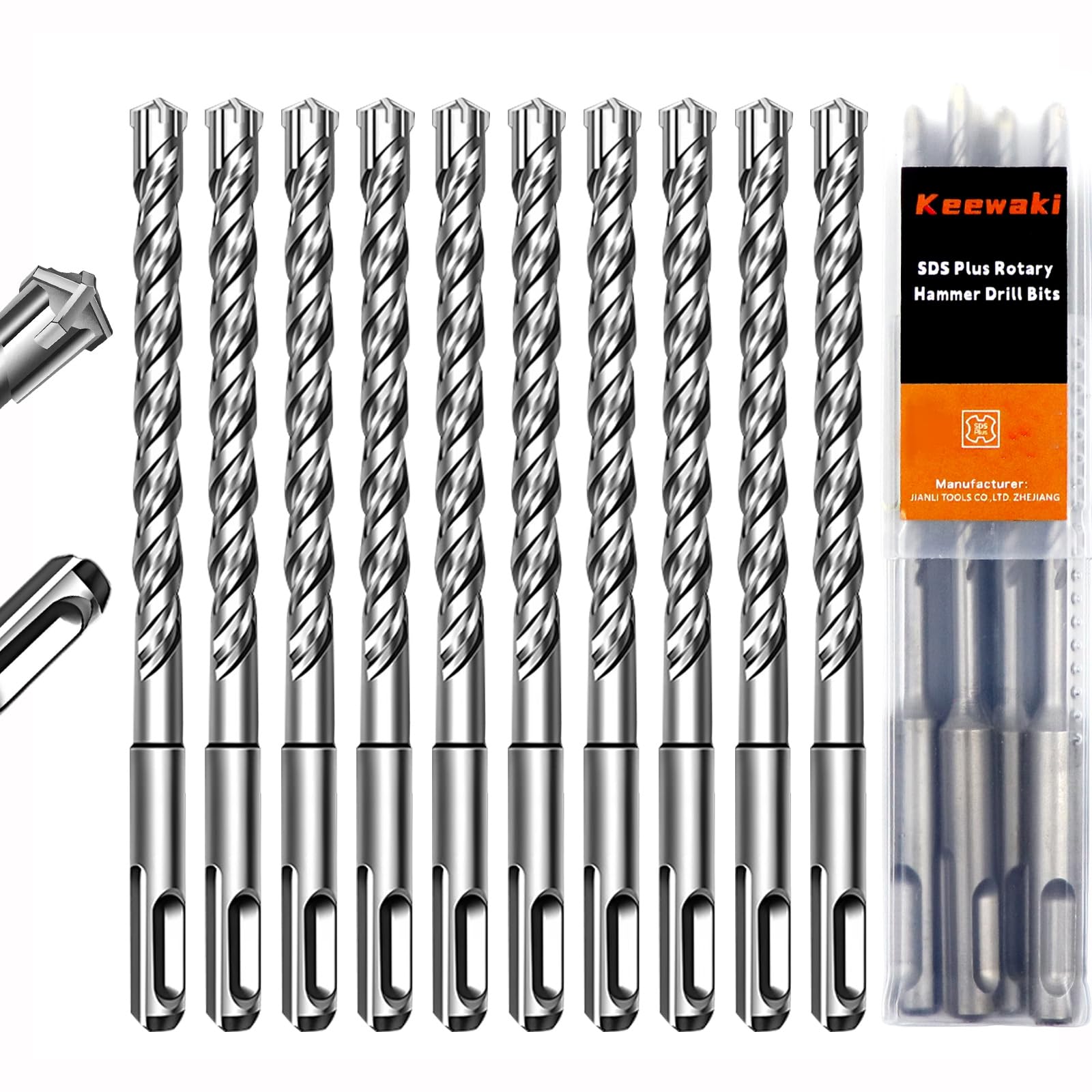 Keewaki 10 Pack 5/16" x 6" SDS Plus Rotary Hammer Drill Bits Set, Cross Carbide Tip, Heavy Duty Masonry Drill Bits for Concrete, Brick Hammer Drill