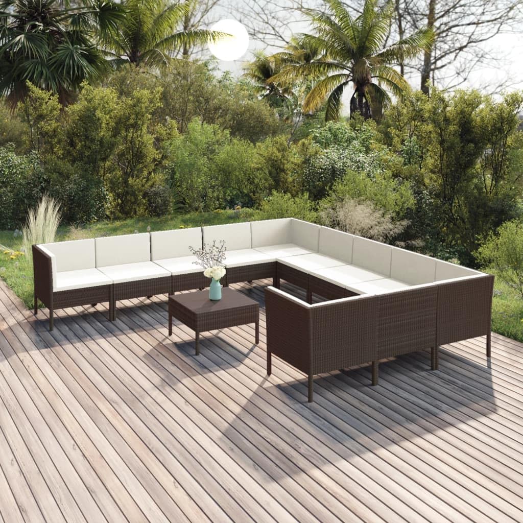 11-Piece Modern Outdoor Garden Lounge Set with Woven PE Rattan Cushions and Sturdy Steel Frame, Modular Patio Furniture for Balcony or Terrace, Weather-Resistant Brown
