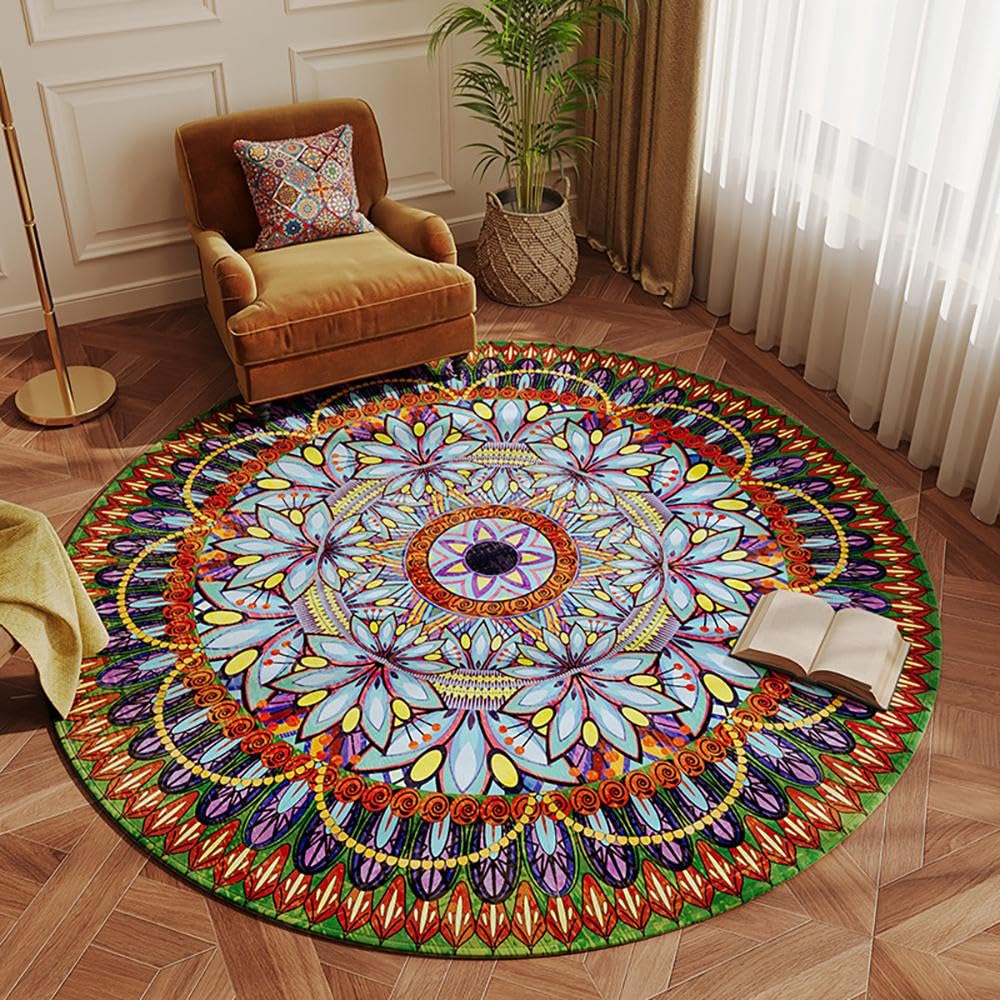 Tapis Rond Salon, Moderne Boho Mandala Imprimé Tapis De Sol Décoration Antidérapant pour Chambre À Coucher, Salon, Cuisine, Décoration D'intérieur,01-140cm