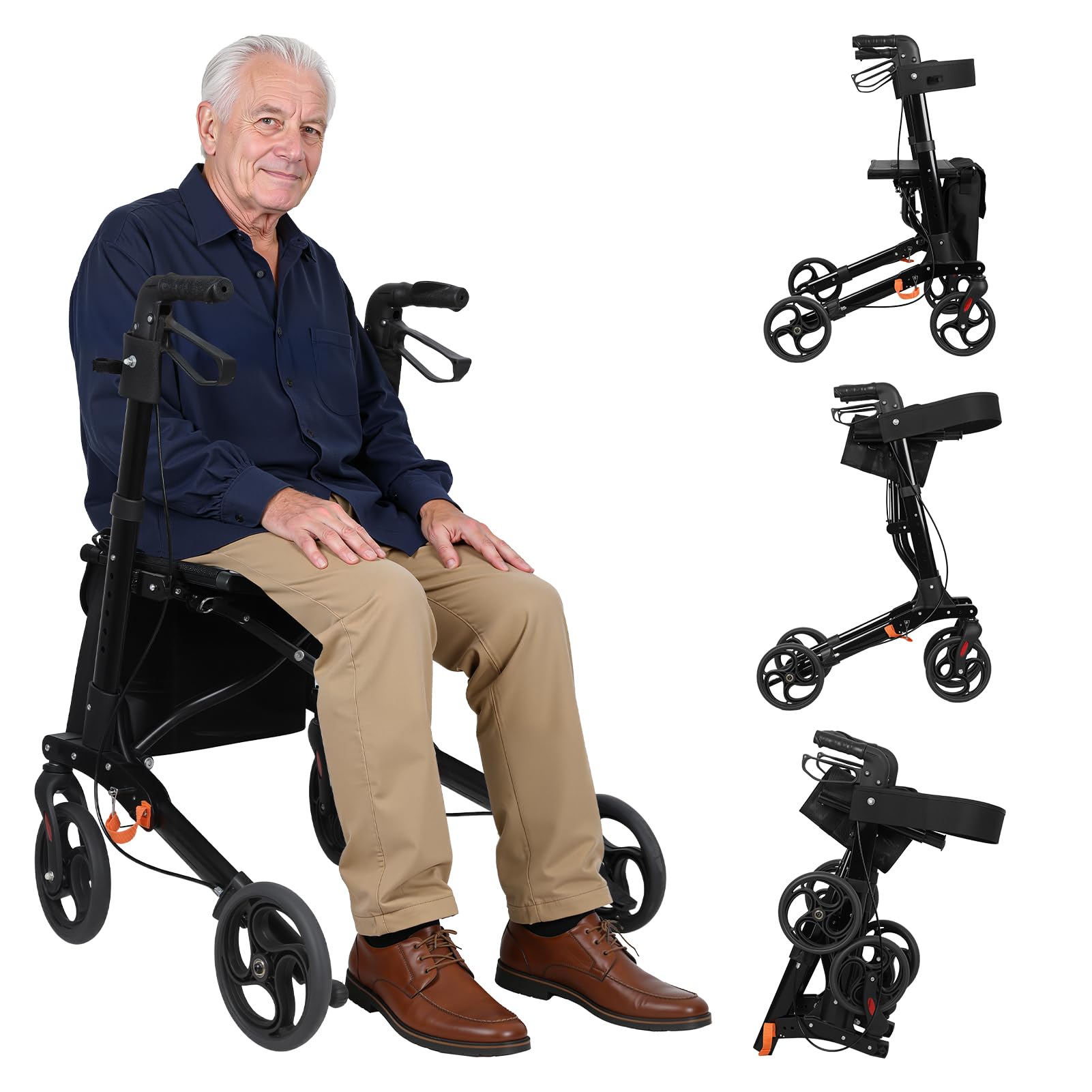 Andador plegable para adultos, ayuda a caminar para ancianos con asiento, respaldo, freno, ruedas grandes de 20 cm, altura ajustable, marco de aluminio resistente, 159 kg (Negro)