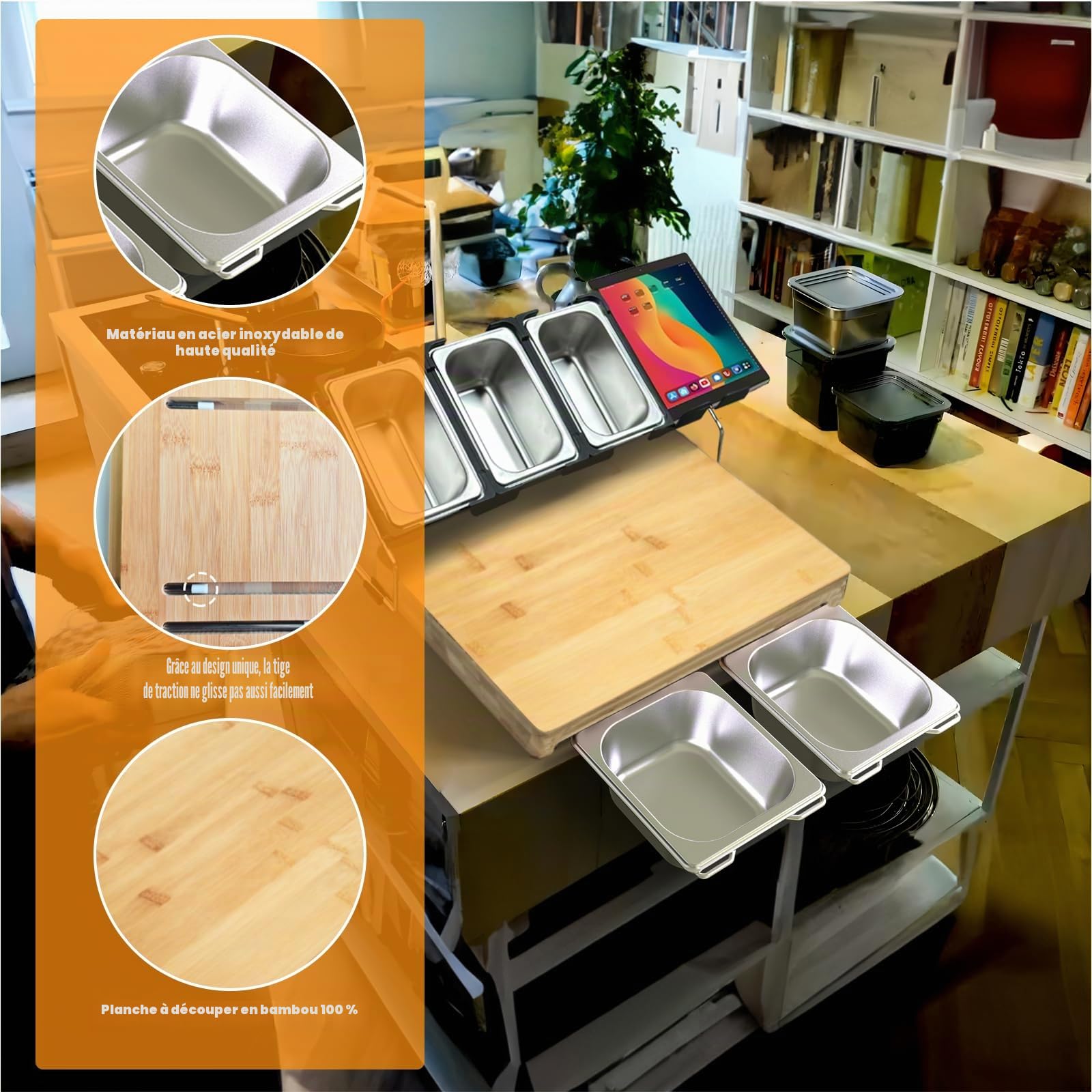 Planche à découper en bambou avec bac de recyclage Grande cutting board Comprend 5 récipients de conservation alimentaires en acier inoxydable et 1 support pour téléphone/tablette (40 × 28 × 3,2 cm)