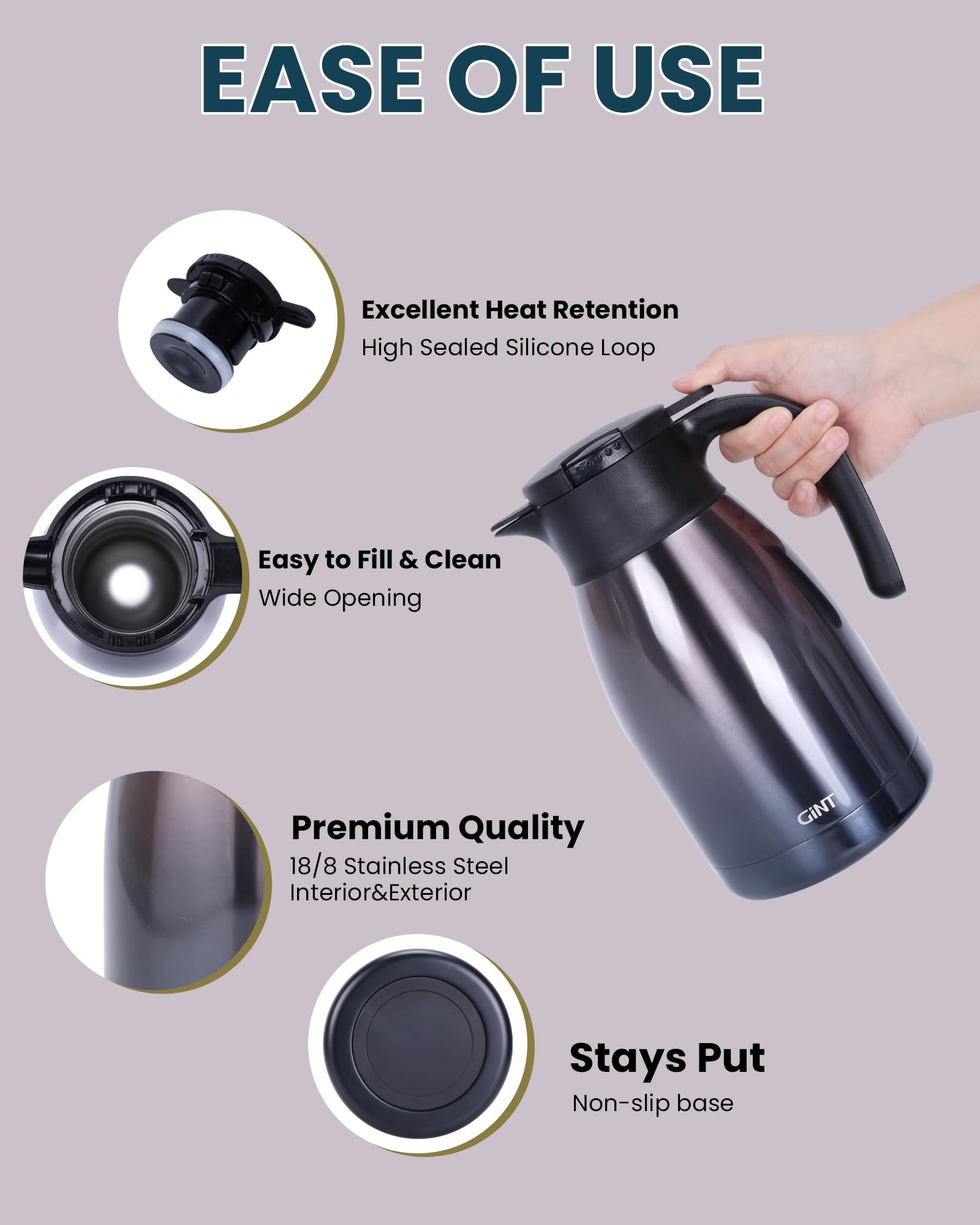 GiNT Isolierkanne Edelstrahl Quick Tip Verschluss Grip Vacuum Doppelwandig Violett 1.5L…