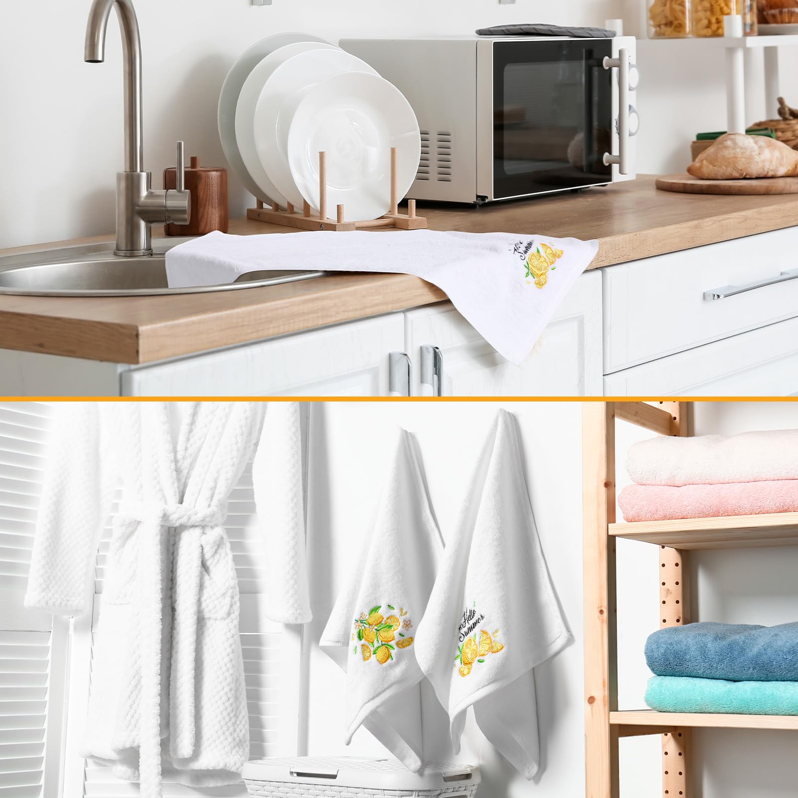 Remagr Paquete de 2 toallas de mano de algodón bordadas de limón de 13.7 x 29.5 pulgadas, toalla de mano de verano con cinta decorativa de verano con temática de frutas, juego de paños de cocina para