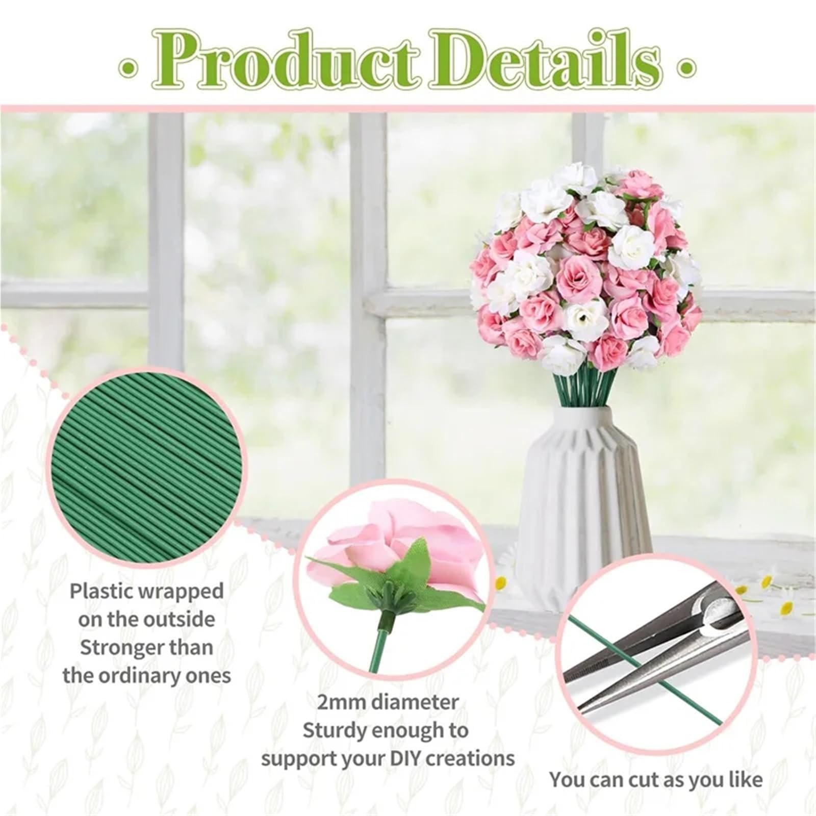 Blumendraht 2 mm grüne Blumenstiele for künstliche Blumenstangen for Selbermachen von Hochzeiten und Gestecken für Heimwerker(50pcs)