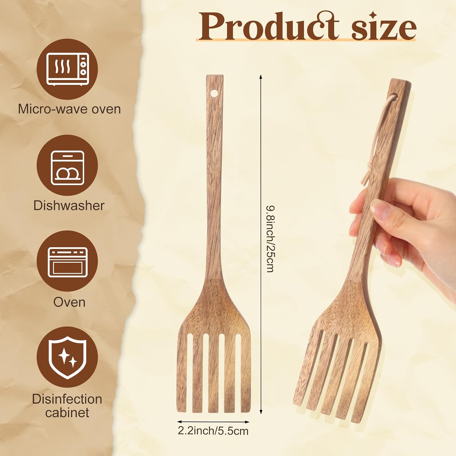 Baderke 10 Inches Acacia Wooden Forks for Cooking Kitchen Baking Tool Five Tines Long Handle Wood Fork for Home Restaurant Kitchen Salad Pasta Grill Tasting Utensils