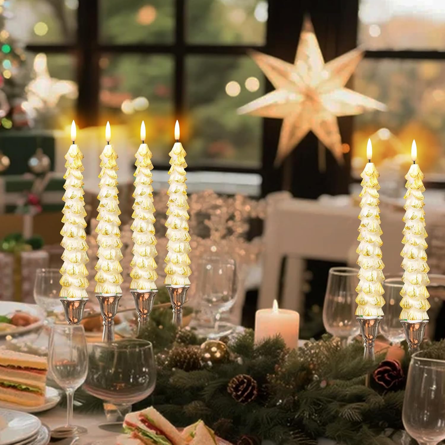 Enhon 3 Pcs Christmas Tree Flameless Taper Candles Battery Operated with Remote and Timer, Real Wax LED Candles, Warm 3D Wick Flickering Lifelike Leaves, Xmas Dinner Holiday Decoration(White, Gold)