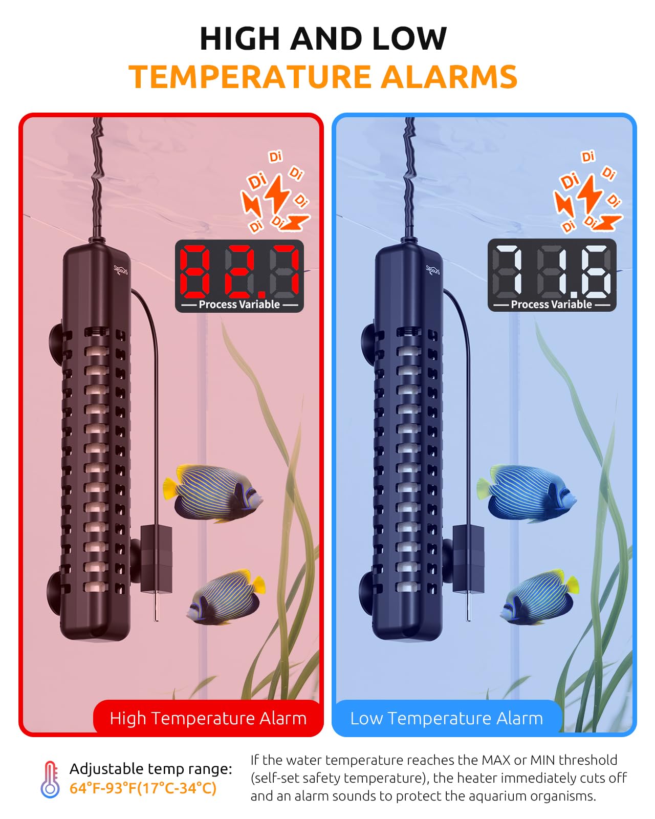 SEAOURA SEAOUR - Riscaldamento per acquario, 200 W, 105-170 l, con termostato, sensore di temperatura, temperatura alta e need, doppia protezione, funzione di memoria, acqua dolce/salata, 26,5 cm