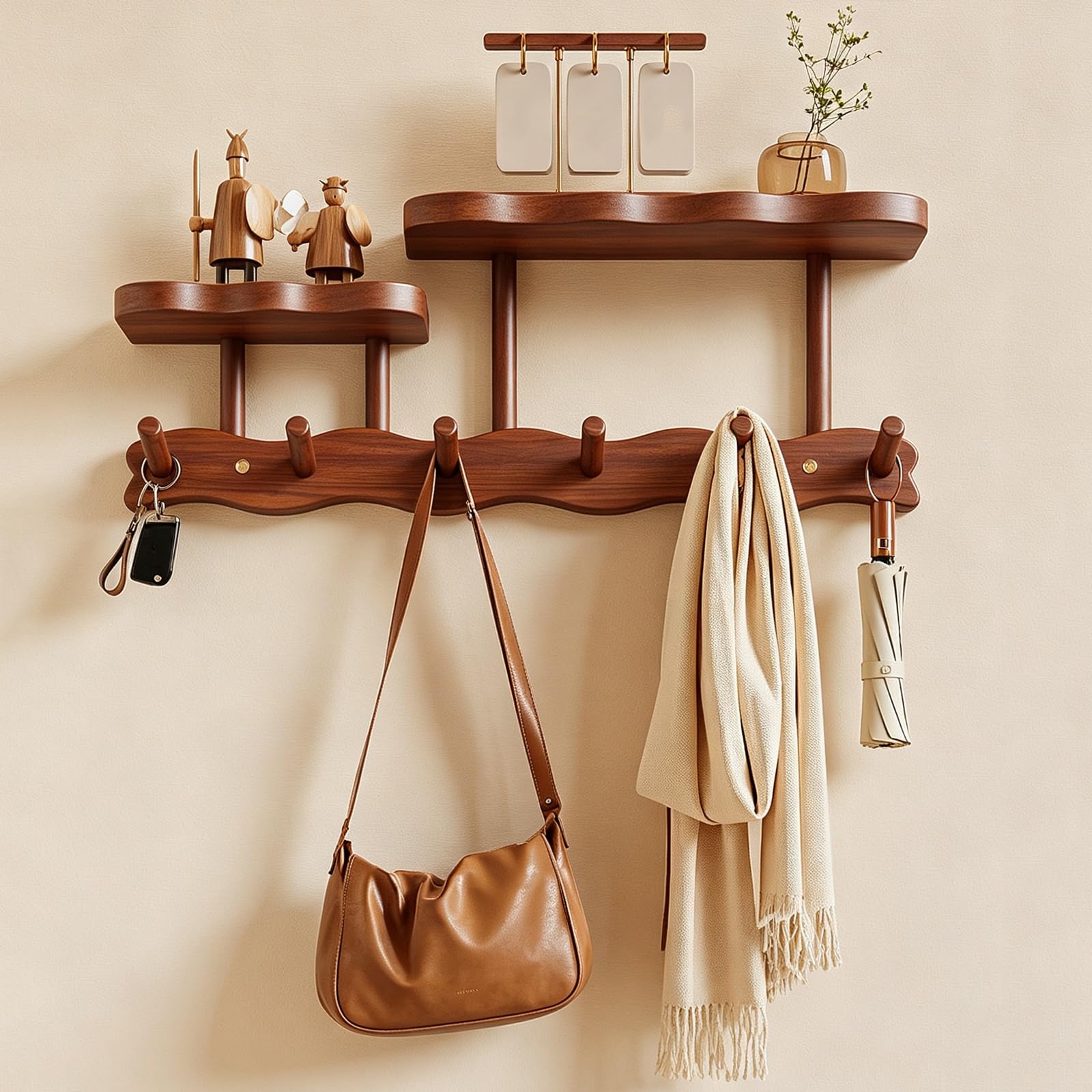Ltsrll Walnut Wooden Wall Entryway Coat Rack Hooks With Shelves