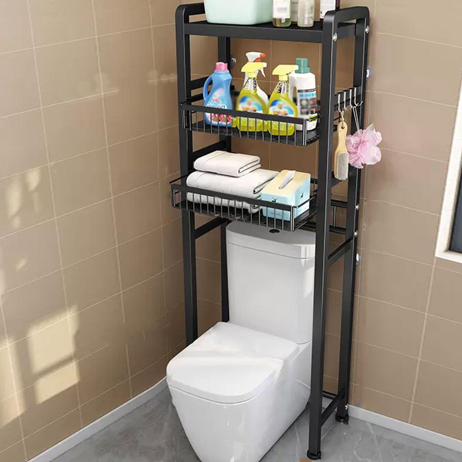 Teleskopregal Bad Über wc, Kohlenstoffstahlmaterial, mit Ausziehbarem Netzkorb, Verstellbaren Rutschfesten Füßen, Freistehender Ablage Über Der Toilette ( Color : Black , Size : 3 LAYER_C )