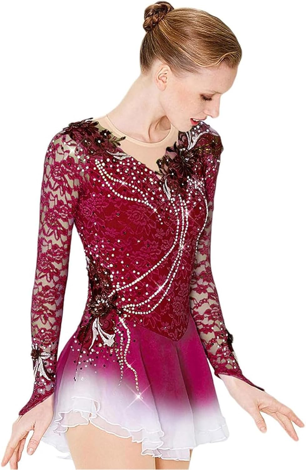 Long Sleeve Ice Skating Dress Girls' Figure Skate Competition Skirt Breathable Ballet Performance Clothing