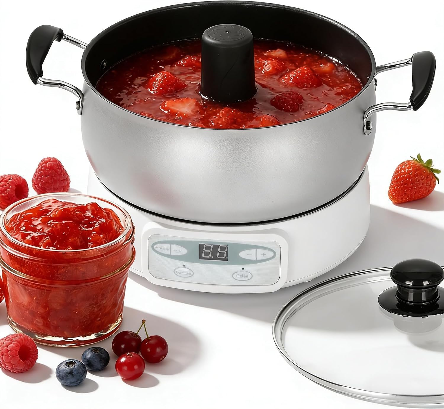 Máquina automática para hacer mermeladas y jaleas de 1000 W, olla eléctrica para salsas y conservas, 2 litros por tanda, antiadherente, con sistema de autoagitación, libre de BPA.