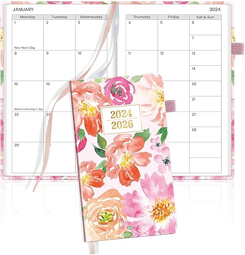SUNEE Agenda mensual de bolsillo 2024-2026, calendario mensual de bolsillo de 3 años para bolso de 3.5 x 6 pulgadas, agenda de 36 meses (enero de