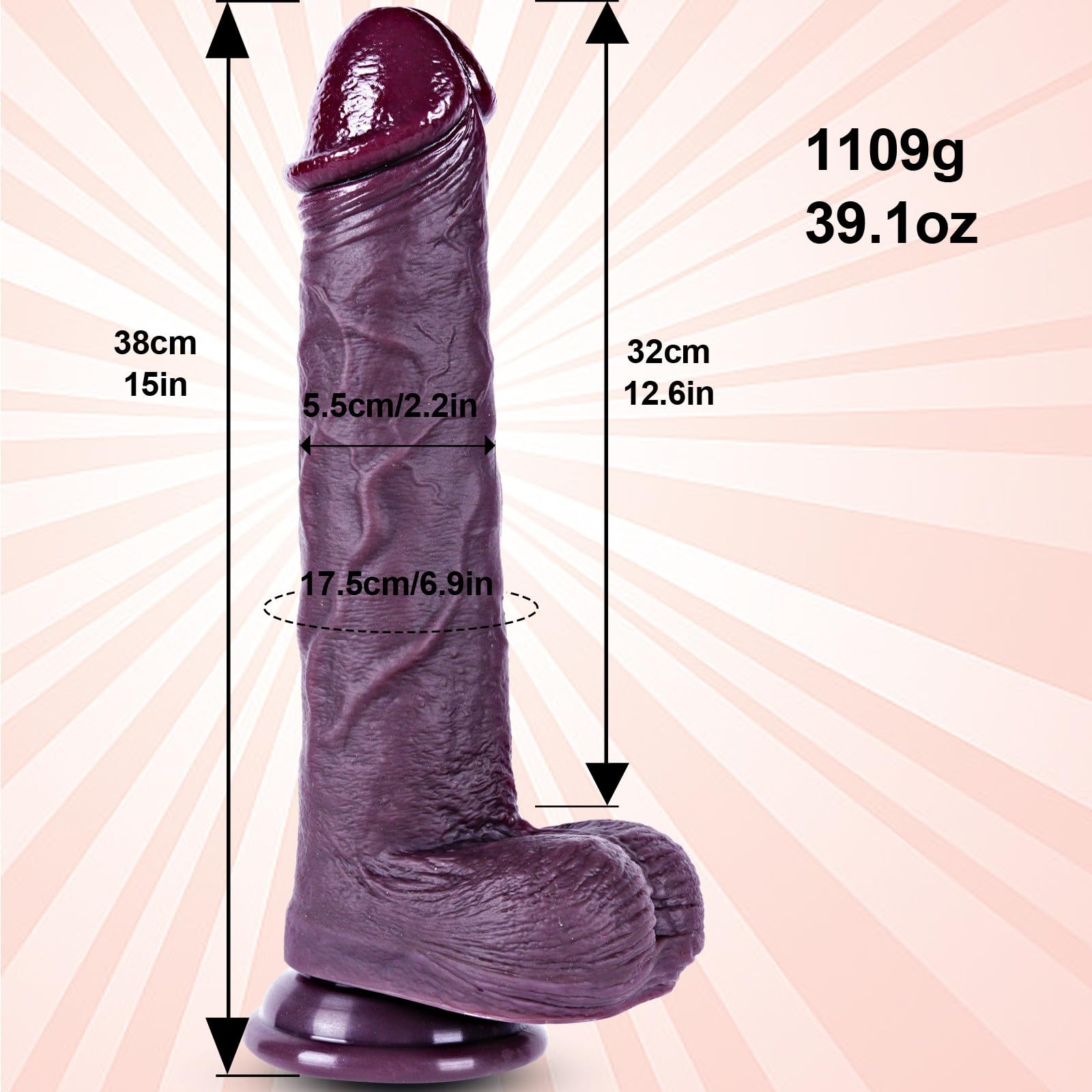 Gode ​​réaliste extra-large de 38 cm, en silicone double densité, ventouse puissante, pénis extra-large XXXL, stimulation du point G et de l'anus, convient aux hommes et aux femmes, noir allongé