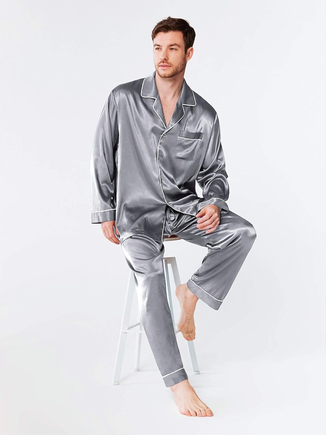 SIORO Mens Silk Satin Pajama Set Long Sleeve Sleepwear Button Down PJ Set with Pocket Loungewear M-XXL - Image 3