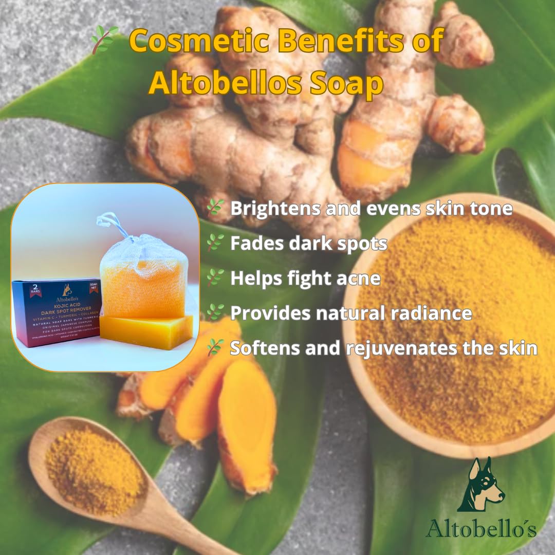 Altobello's Turmeric Kojic Acid Soap - Dark Spots Remover for Face & Body, Brightening Skin Lightening Bar with Vitamin C, Collagen, Hyaluronic Acid - 2 Bars + Exfoliating Net. - Image 7