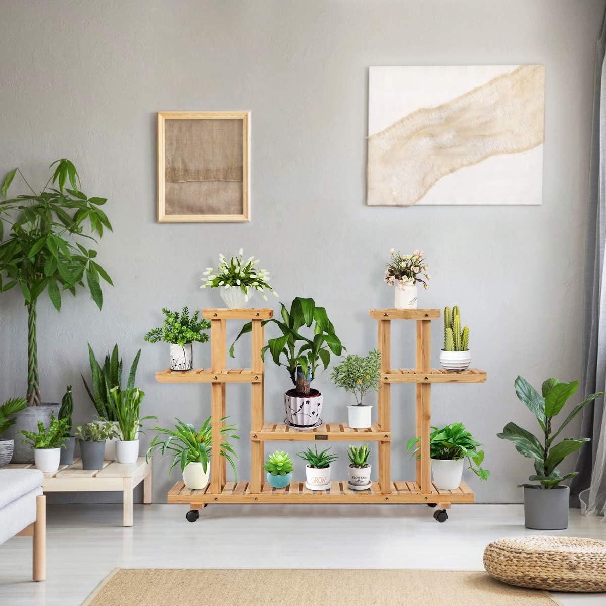 Giantex Rolling Flower Rack Wood Plant Stand on Wheels 6 Wood Shelves 12 Pots Bonsai Display Shelf Indoor Outdoor Yard Garden Patio Balcony Living Room Storage Rack Bookshelf Hollow Shelves (Natural)