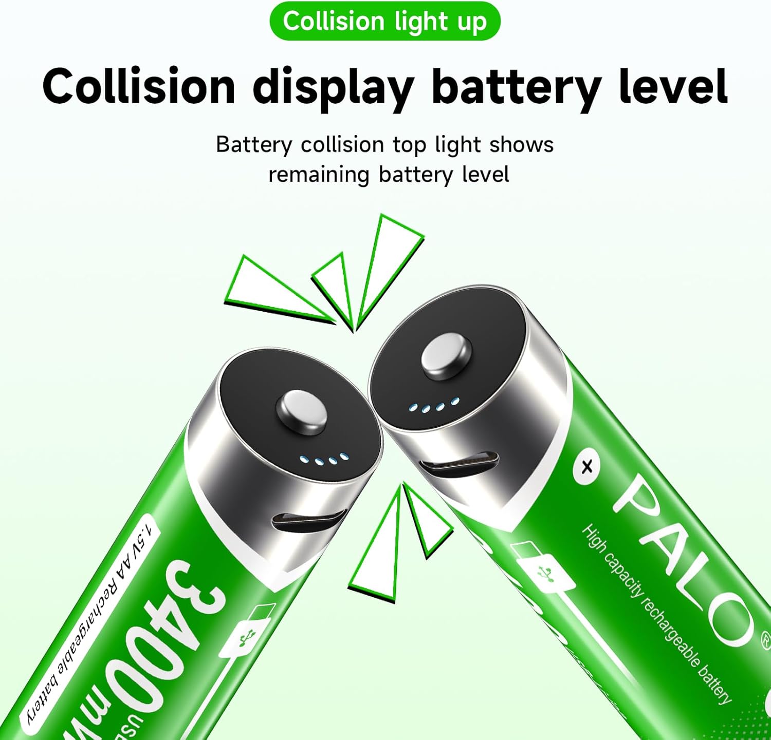 Two Palogreen AA batteries with their tops colliding, illustrating the 'tap to view power' feature with LED indicators.