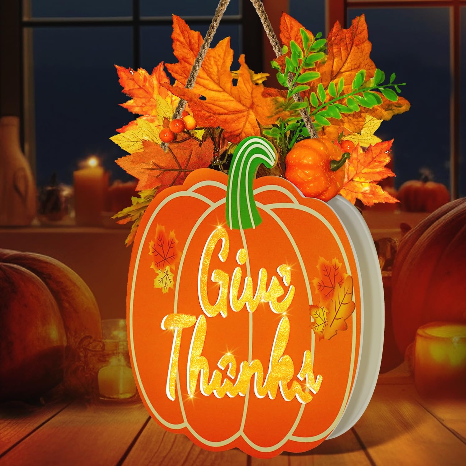 Photo 1 of Thanksgiving 3D Pumpkin Sign Wreath with LEDs Battery Operated for Front Door Thanksgiving Decorations Warm Lights Light Up Wood Sign Hanging Outdoor Indoor Home Thanksgiving Decor Long Pumpkin-Give Thanks