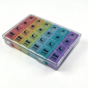 Weekly Pill Organizer, 4 Times a Day, Large Capacity 7 Day Pill Box with 28 Colorful Compartments, Dual-Protection Portable Medicine Box for Vitamins, Fish Oils, Supplements