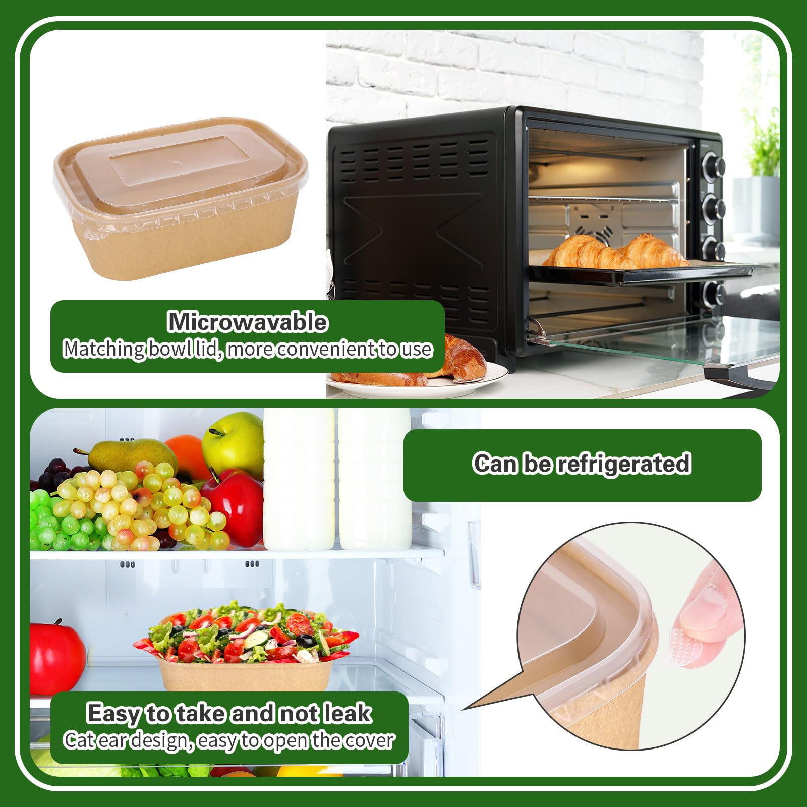 FYSUIMU 100 cuencos desechables de papel kraft de 26 onzas con tapas, recipientes rectangulares para alimentos, cuencos de ensalada para el hogar, camping, restaurante, caliente y frío para llevar