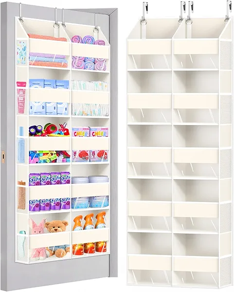 Heavy Duty Over The Door Organizer 5 Tiers, Extra Large Behind Door Storage of 10 Big Front & 10 Mesh Pockets, 80lb Weight Capacity, Doors Organizer Hanging for Closet Bathroom Bedroom Nursery, Beige