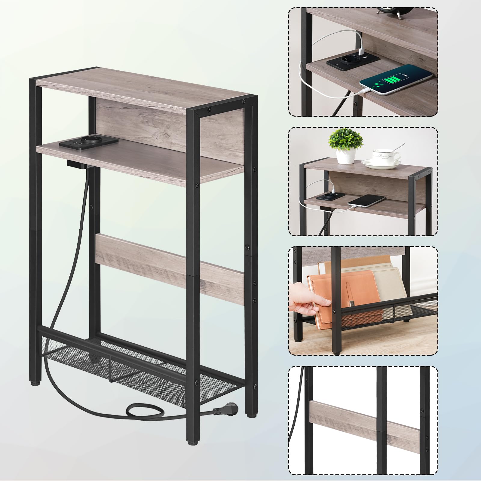 CHOEZON Mesa Auxiliar Estrecha, Mesita de Sofá con Base de Carga, Mesilla de Noche Estrecha, Mesita de Centro con 3 Niveles, Sala de Estar, Gris Envejecido DTBZ05CBH