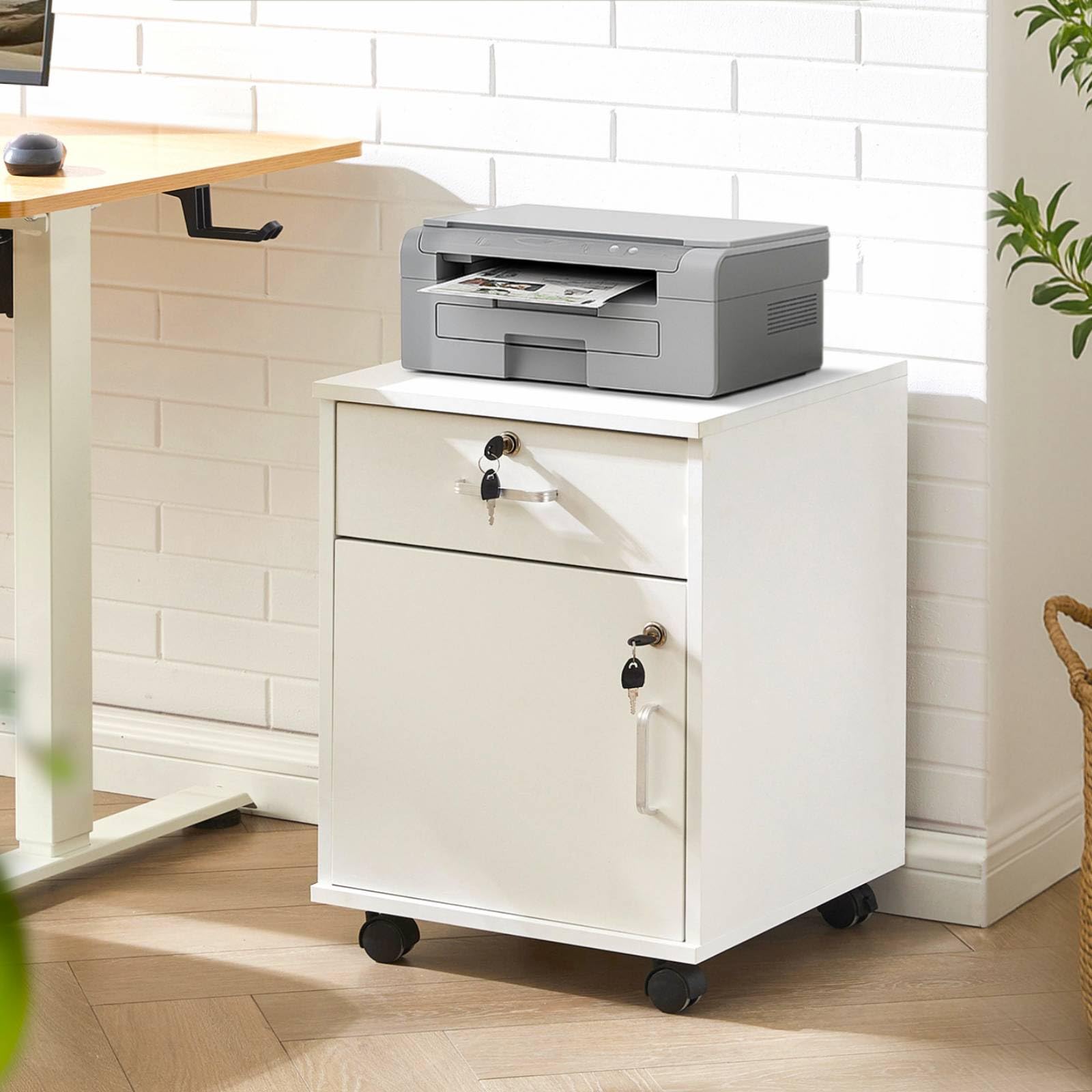 LEMROE 2 Drawer Mobile File Cabinet with Lock and Wheels, Under Desk Drawers Office Filing Cabinet for Letter / A4 Paper/Document, Industrial Printer Wooden Stand Home Office, White