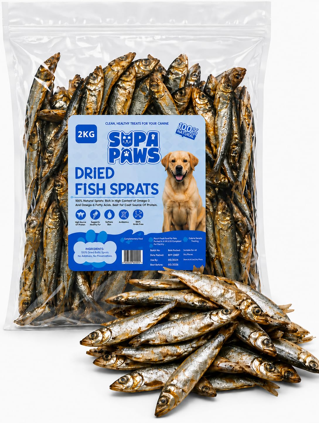 Premium 2Kg Fish Sprats for Dog Treats 100% Natural Air Dried Fish Treat for Dog with Omega 3 Hypoallergenic Cat Food Grain Free Pet Treat Low Fat Dog Snacks Suitable for Cat Puppy 2000g