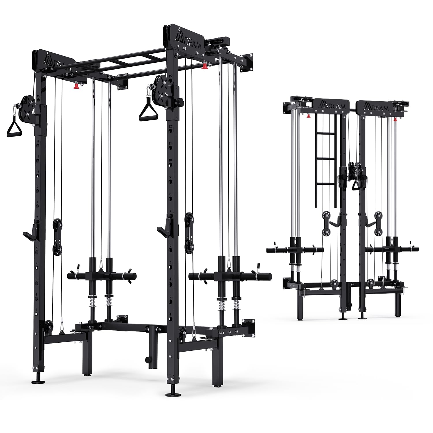 Folding Power Rack, Wall Mounted Squat Rack with Cable Crossover Machine & LAT Pull Down Multi-Function Space-Saving Power Cage with 7 Adjustable Modes/Dual Pulley System/Pull-up Bar/360°Landmine
