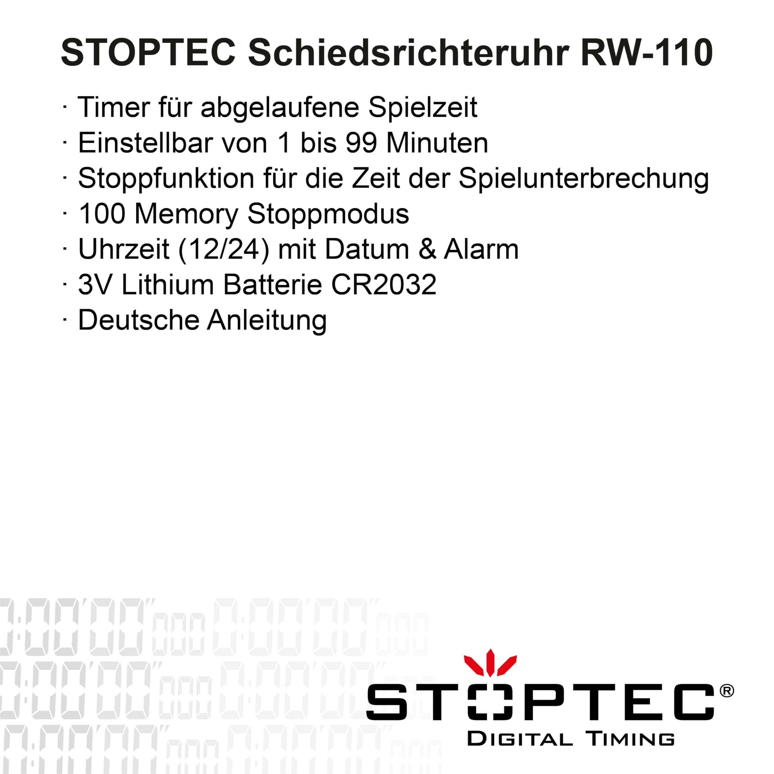 Stoptec Orologio da arbitro RW-110 | Modalità calcio speciale | Cronometro | Pacer | Allarme | Illuminazione | Ora e Data