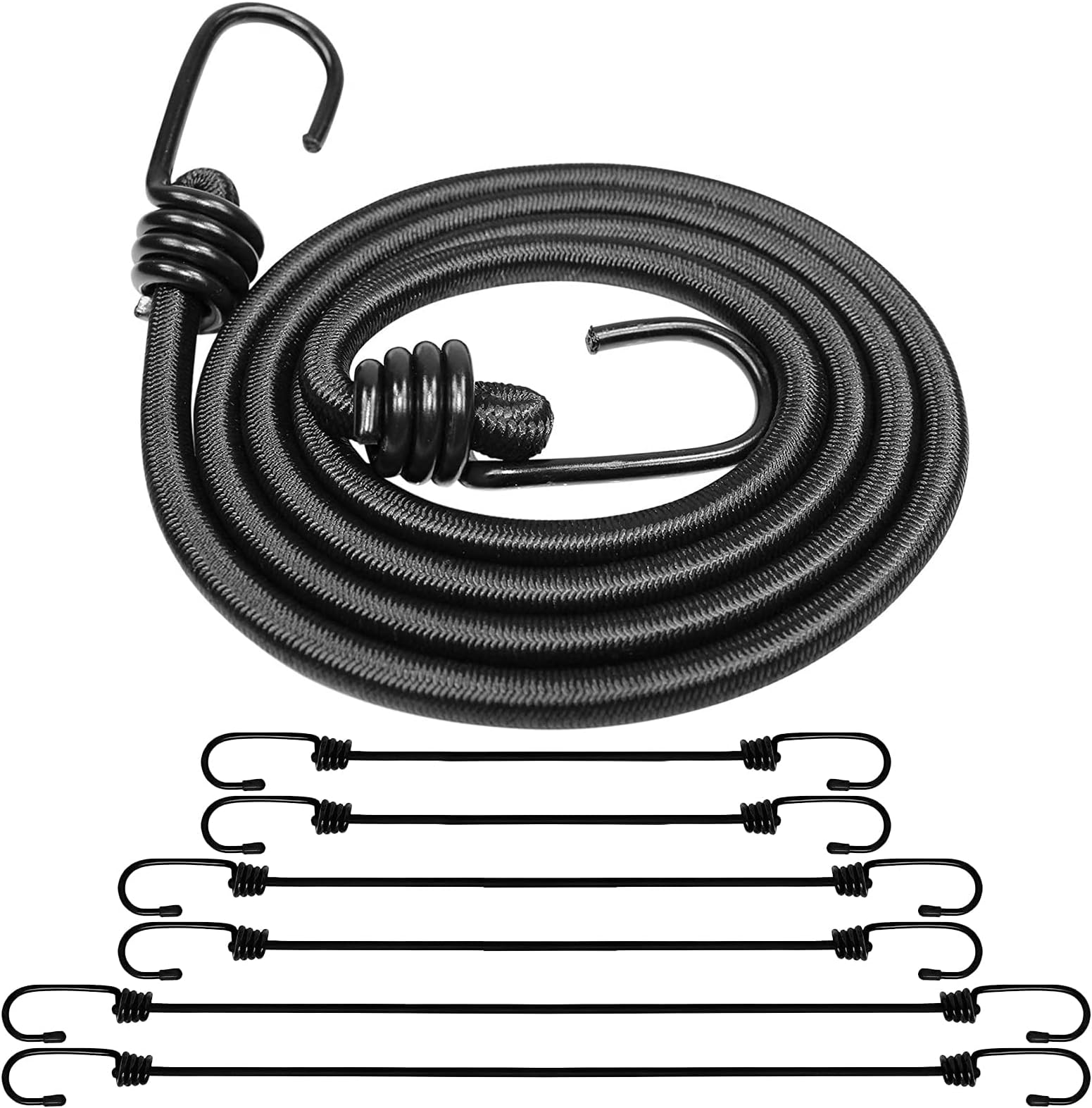 Bungee Cords, 6 Pcs Heavy Duty Bungee Straps with Hooks, 3 Different Lengths Elastic Rope for Camping and Outdoor Activities, Black