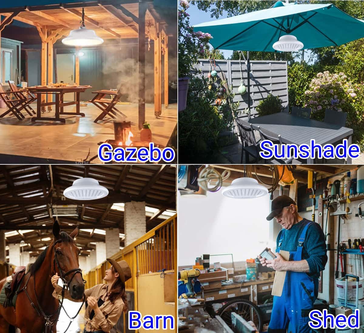 HULPPRE Luce solare per capanno diurno o notte, 96 LED, luce solare bianca più luminosa per interni ed esterni, con 2 telecomandi, IP65, fienile/pollaio/officina/soffitto/lampada a sospensione per