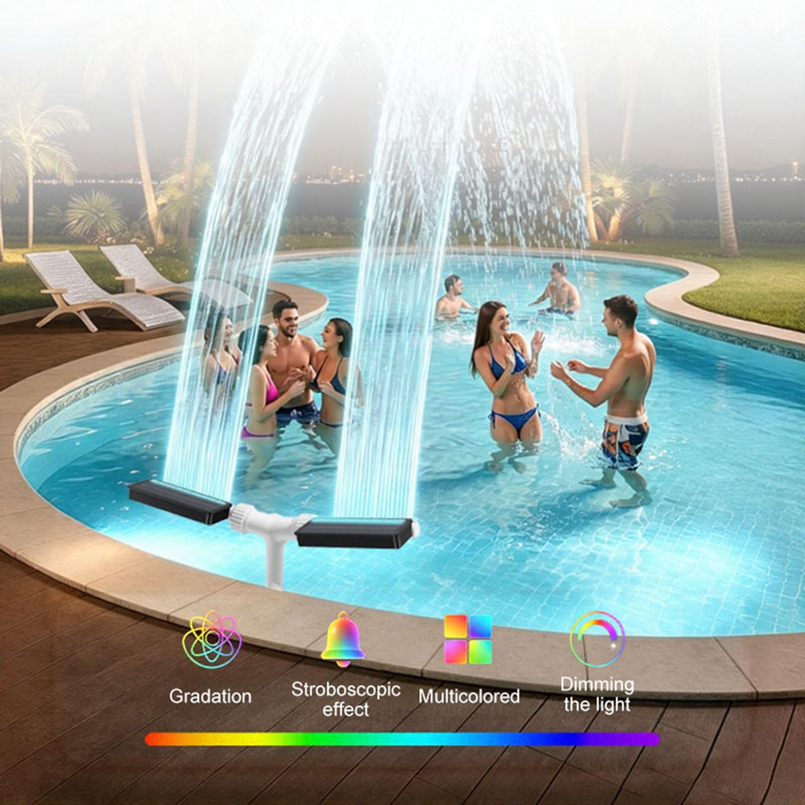 Solar Poolbrunnen mit LED RGB Licht, 18 LED Dual Sprühkopf 360° Einstellbar, 11 Modi Fernbedienung Fernbedienung & App Steuerung, Poolkühler mit Akku & USB Ladefunktion