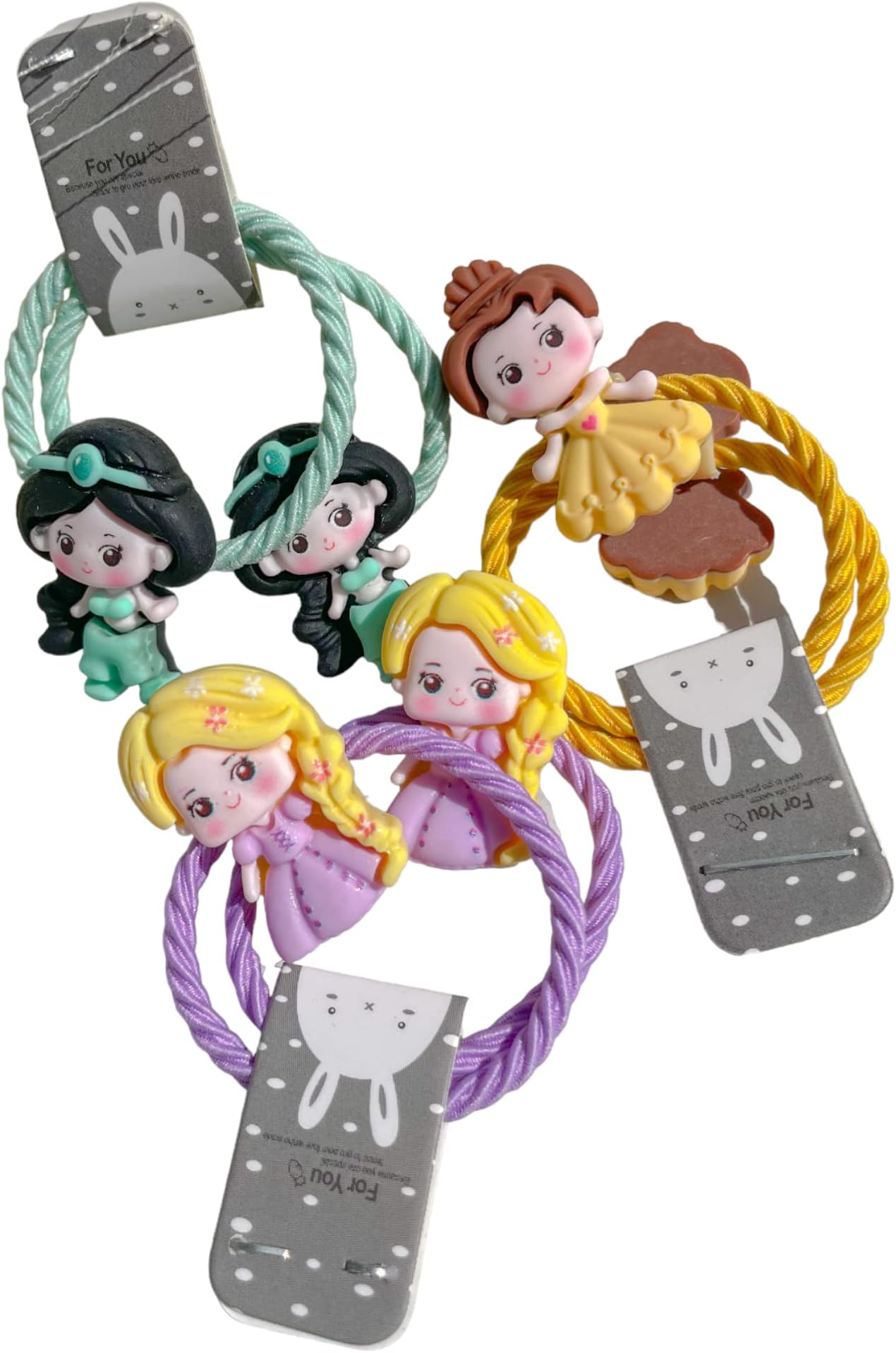 HEY SIS! 6 Princess Hair Ties, Girls Fine Hair Ties, Elastic Ponytail Holder, Princess Accessories, Jasmine, Belle, Rapunzel (Princess Set 2)