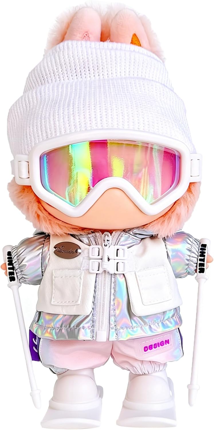 17cm Doll Clothes and Accessories Set for Lububu- Winter Snow Sports-Themed Ski Outfits with Mini Hat, Jacket, Pants, Poles, Goggles & Skiing, Designer Clothing for Big Into Energy Doll(White)