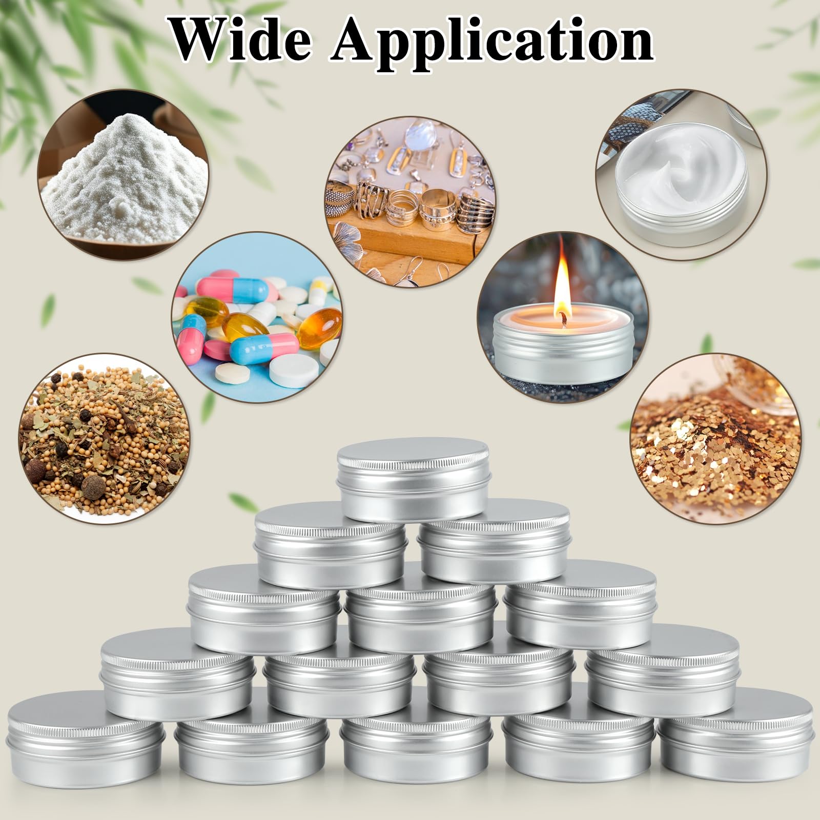 15 pustych pojemników aluminiowych, 60 ml, okrągłe, podróżne, do napełniania, tygiel na krem ze szpatułką, naklejki z etykietami, małe pojemniki z pokrywką na krem, kosmetyki, monety
