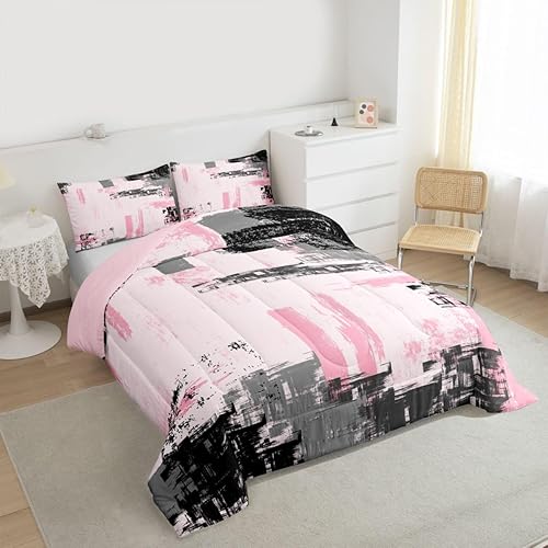 Miniatura 3 de Feelyou Juego de ropa de cama abstracta para niños, juego de edredón moderno de arte abstracto rosa y negro para decoración de habitación de niños,
