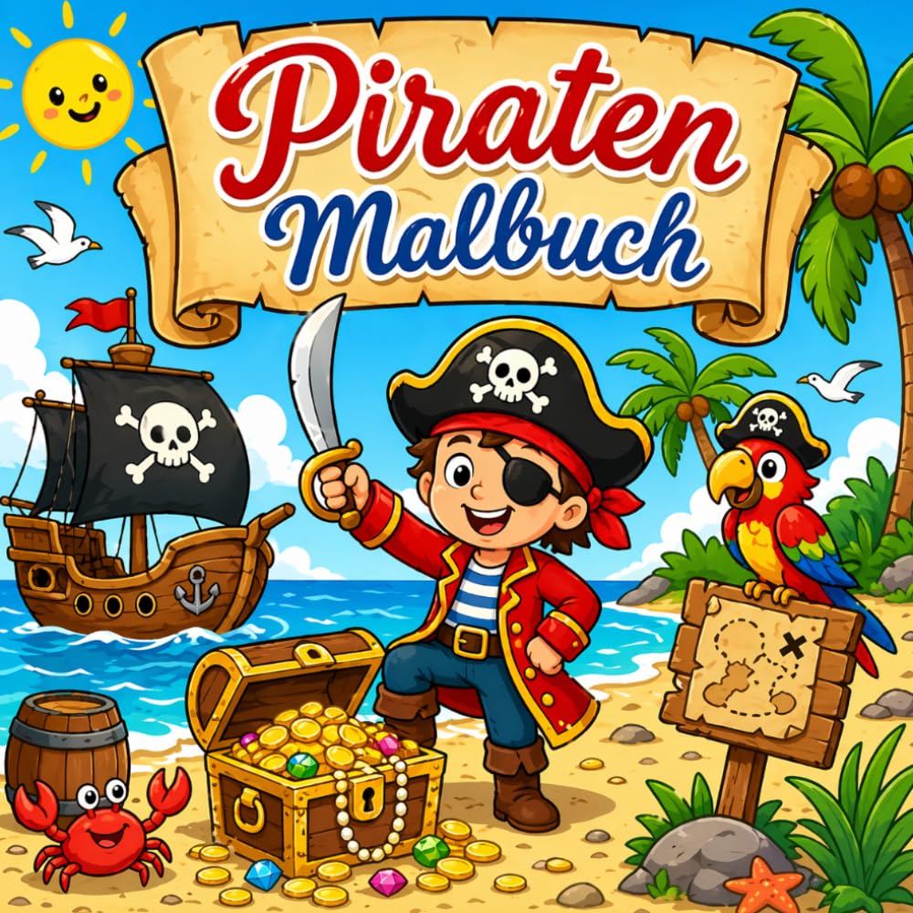Piraten Malbuch: Über 35 spannende Abenteuer mit Piraten, Schatzkarten, Schiffen und Inseln