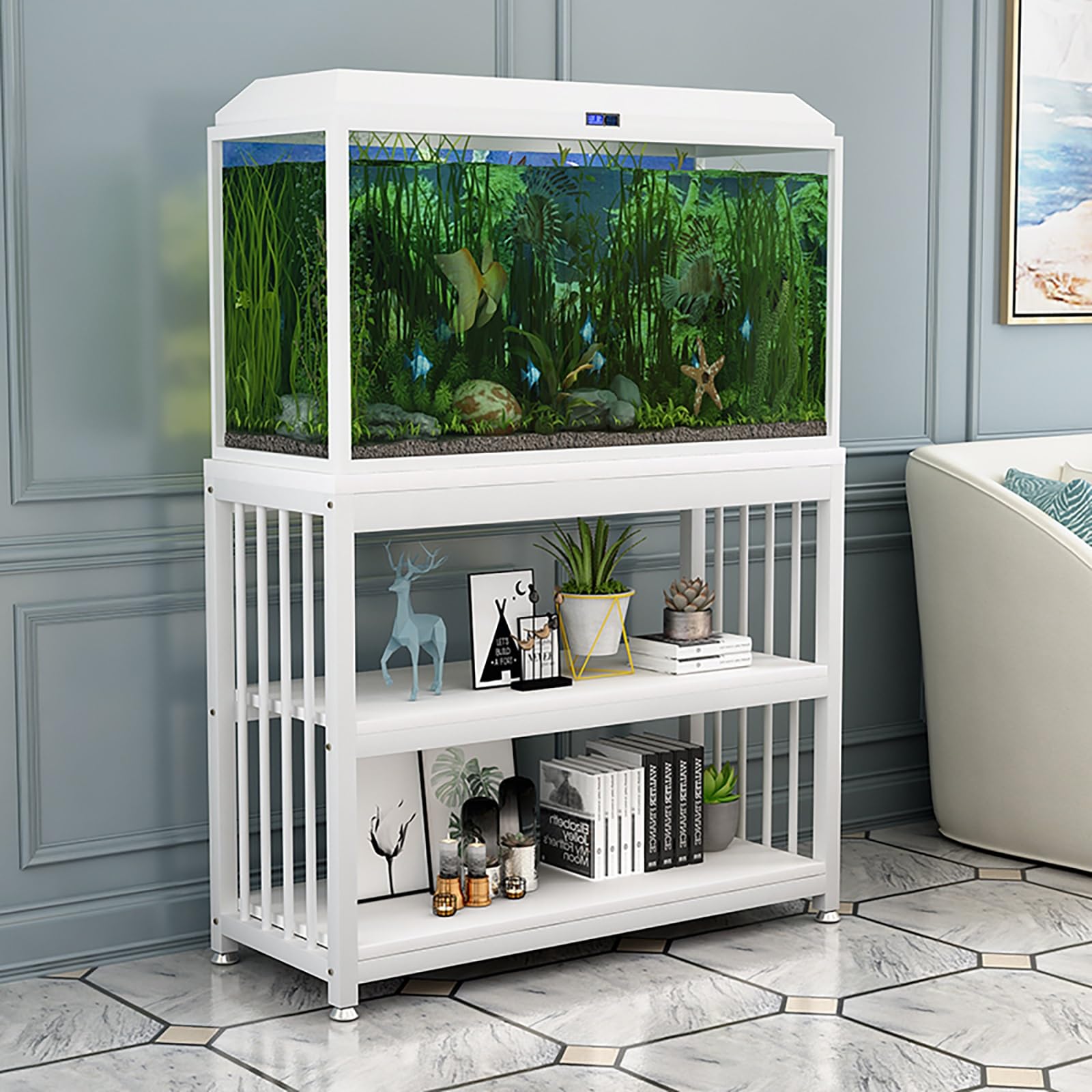 Soporte de Acuario 3 Niveles, Soporte para Pecera, Mesa de Terrario de Pie, Sistema de Estantería de Acuario Metal y Madera, Mesas para Peceras, para Hogar/Jardín(White,L100x50cm/39x20in)