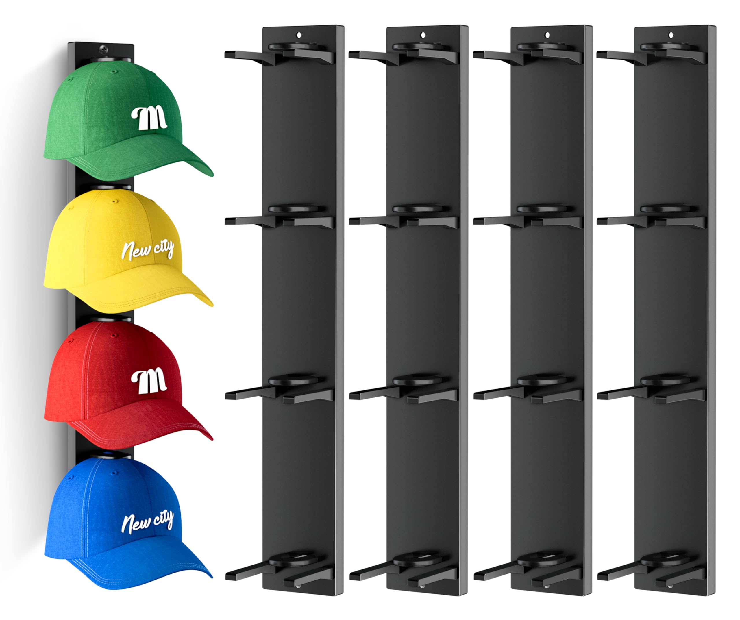 MISSLO 4 Pack Hat Rack for Wall with Wider Slots Display Hat Organizer for Baseball Caps Holds 16 Ball Cap Storage Organizer for Closet, Wall Mounted,