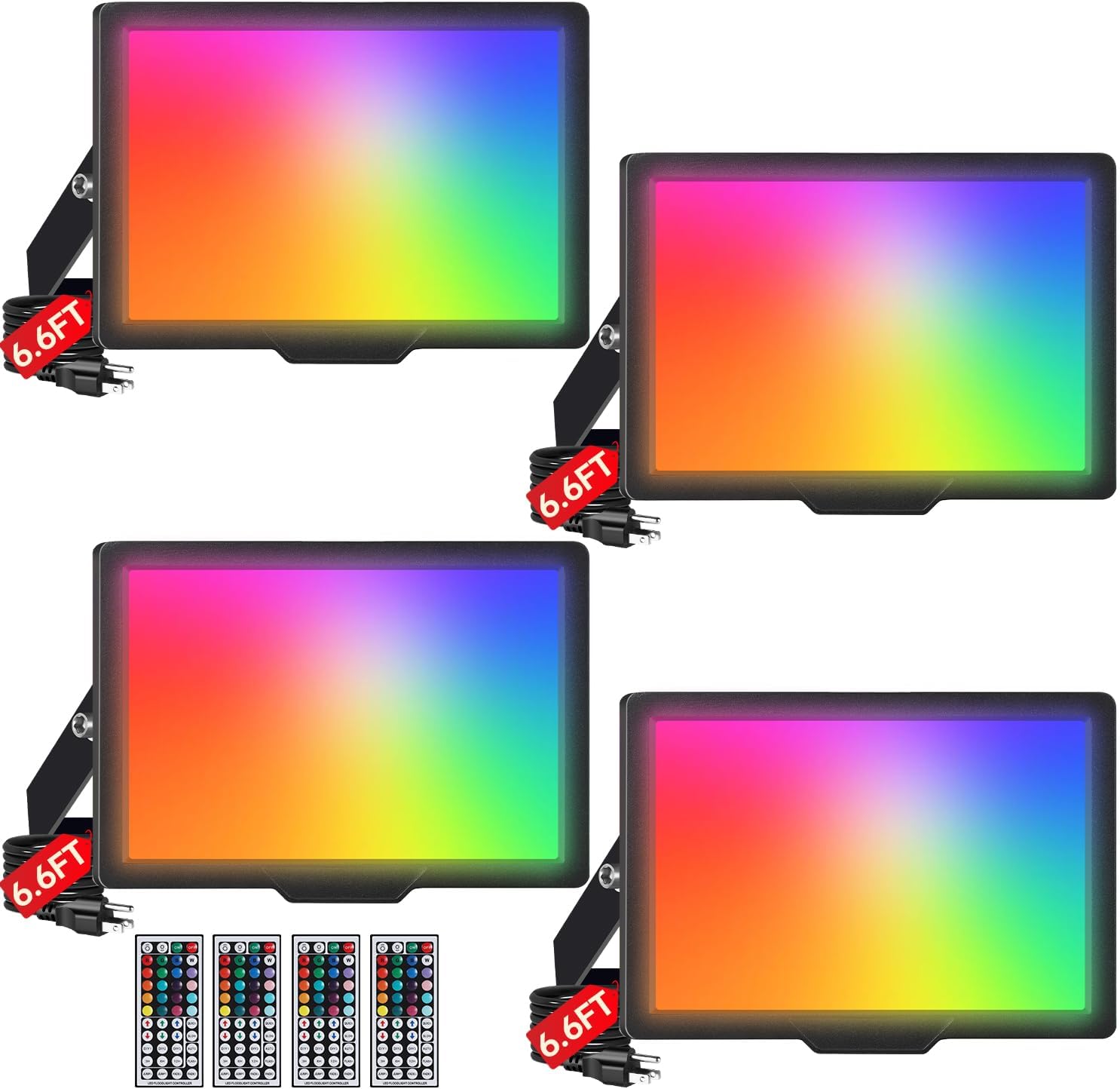 50W LED Flood Light Outdoor with Remote 4 Pack, RGB 5000K Daylight Color Changing Christmas Floodlight, Dimmable Timing IP66 Waterproof Landscape Light, DIY RGBW Uplight for Halloween Stage Party