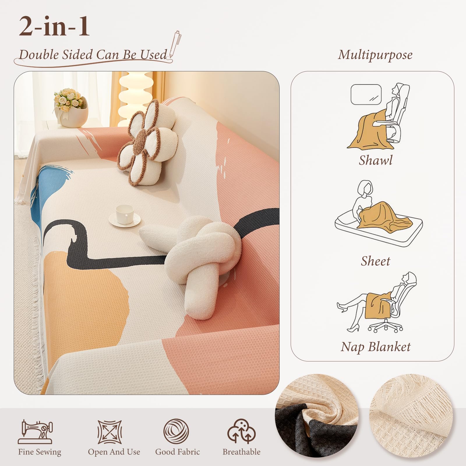 Fundas de Sofá Premium con Borlas - Manta Waffle, Transpirable, Resistente a Las Arrugas, Resistente a los Arañazos de Gato, Colcha Sofa Lavable a Máquina 180 * 360cm-Acuarela